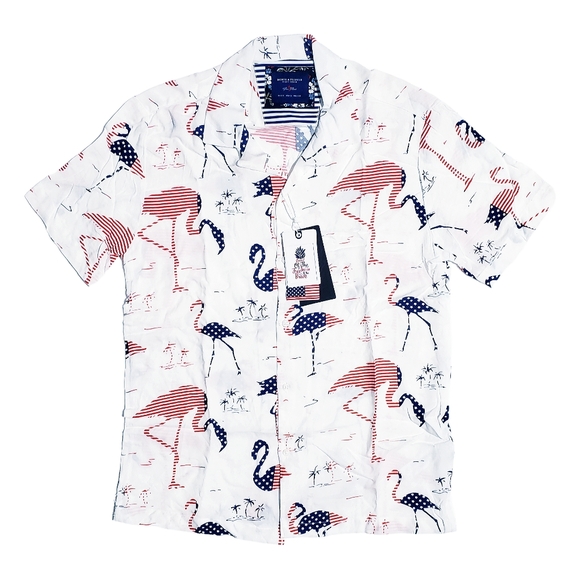 Denim & Flower Ricky Singh Mens Land Of The Free Flamingo Print Shirt Small NWT - Picture 1 of 5